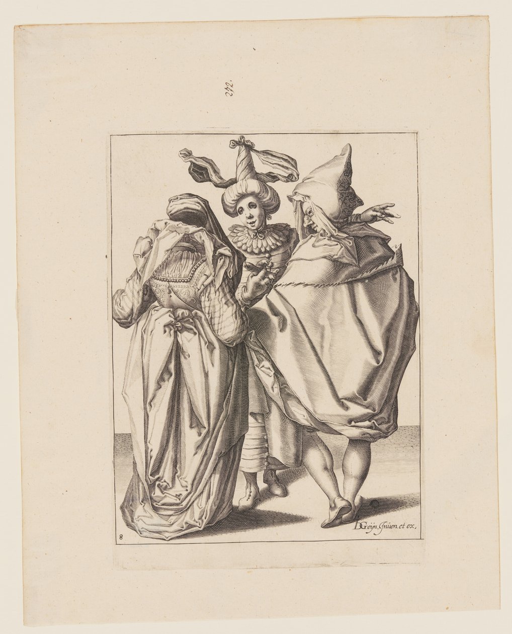 Um casal a dirigir-se a um jovem que gesticula, de The Masquerades de Jacques de Gheyn II