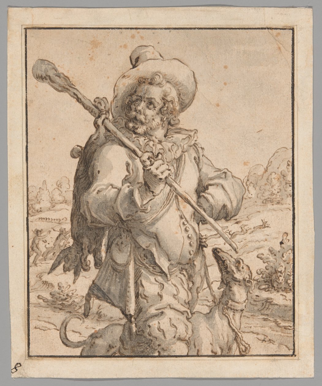 Um caçador com uma lebre morta e um cão (Estudo para "Terra") de Jacques de Gheyn II