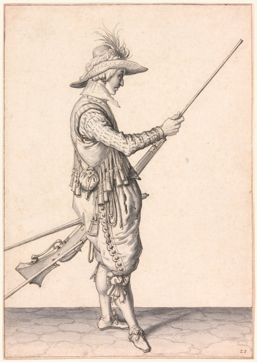 Um soldado a carregar um mosquete, "Ramme in Your Pouder" de Jacques de Gheyn II
