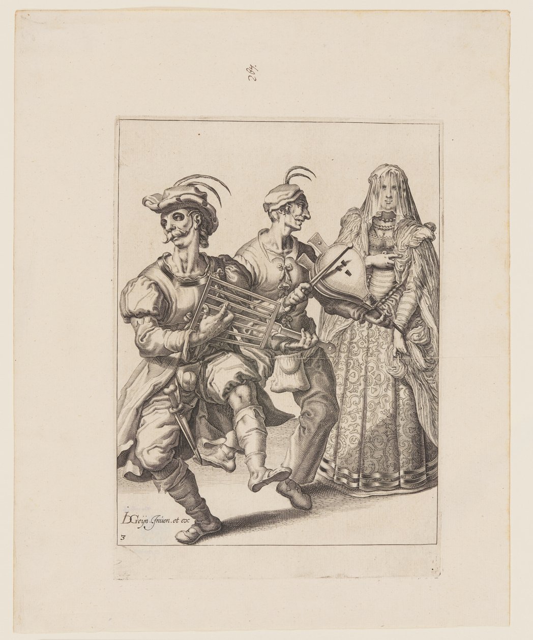 Uma mulher velada com dois músicos tocando um ferro de engomar e um fole, de As máscaras de Jacques de Gheyn II