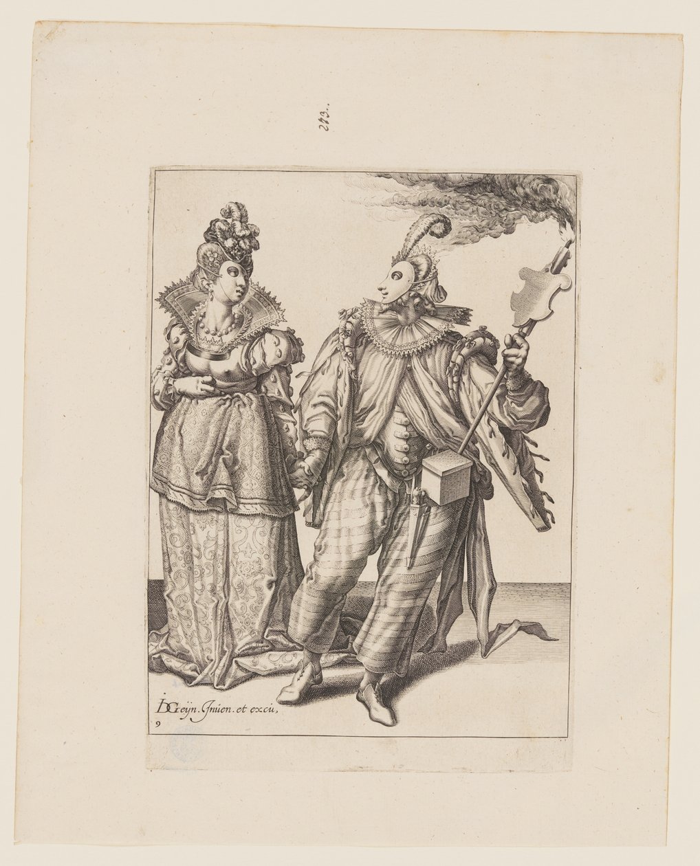 Uma mulher conduzida por um jogador segurando uma tocha, de The Masquerades de Jacques de Gheyn II