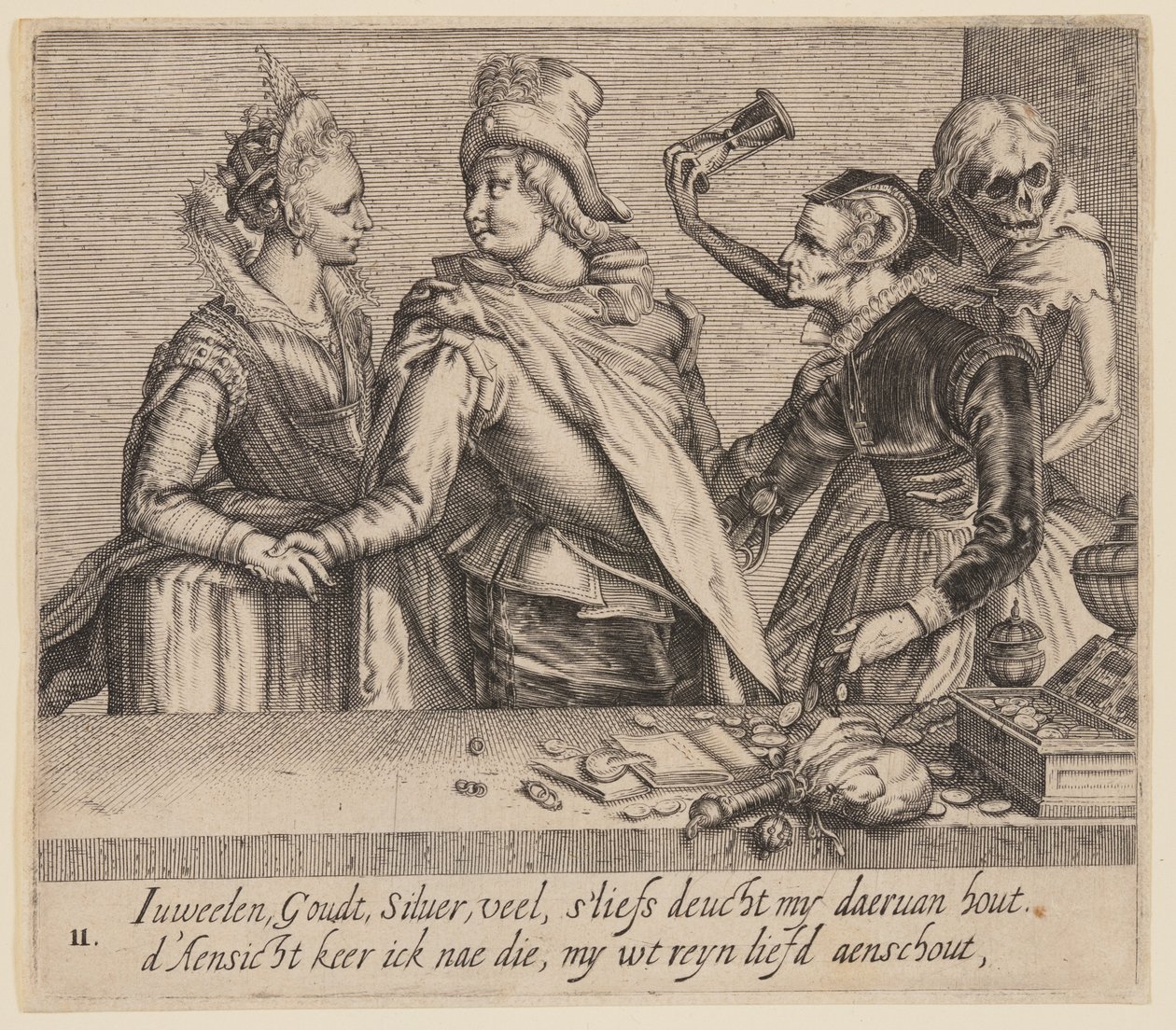 Um homem jovem entre uma mulher jovem e uma mulher velha, de Amantes desiguais de Jacques de Gheyn II