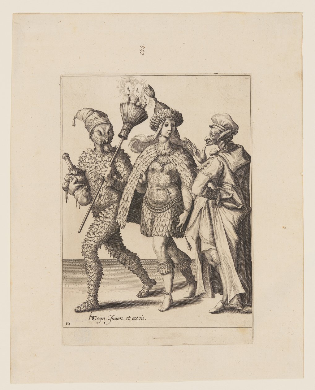 Um velho mummer dirigindo-se a um casal vestido com folhas e penas de pássaro, de As Máscaras de Jacques de Gheyn II