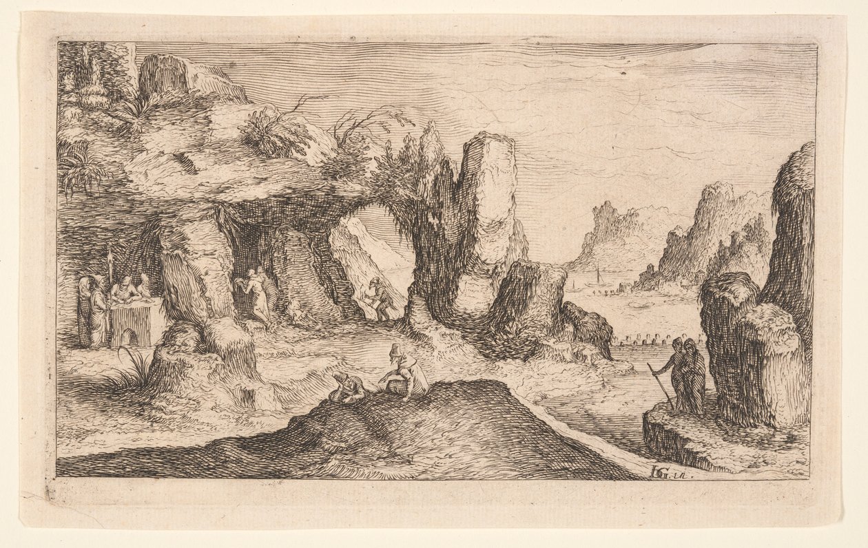 Paisagem com uma gruta e eremitas, de Paisagens de Jacques de Gheyn II