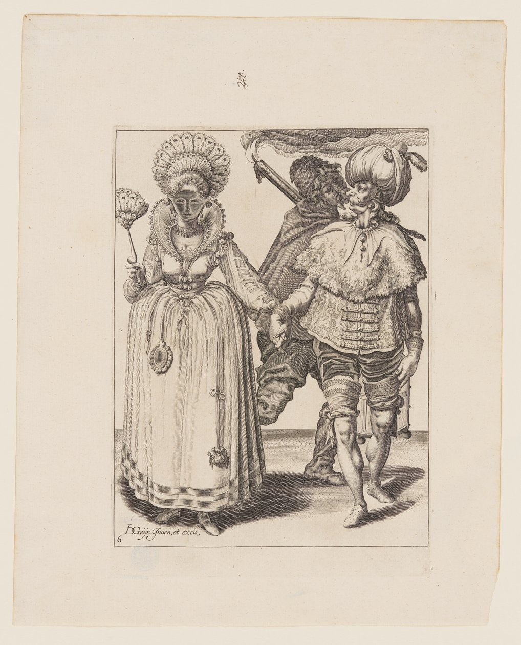 Homem com turbante conduzindo uma mulher que usa penas de pavão e, atrás deles, um portador de tocha, de As máscaras de Jacques de Gheyn II