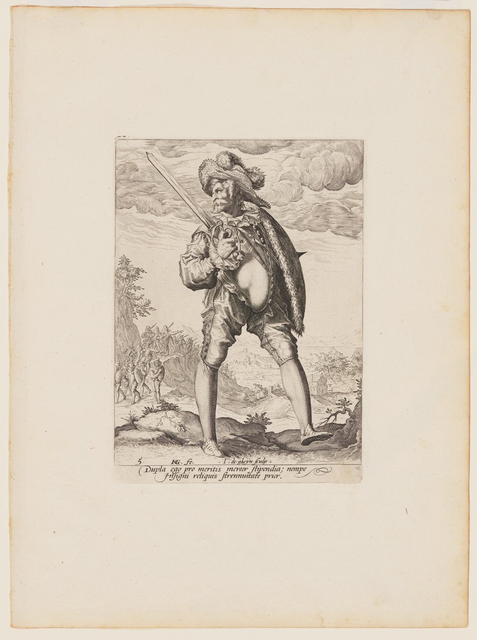 Soldado, armado com espada larga e escudo, de Oficiais e soldados da guarda-costas do Imperador Rodolfo II de Jacques de Gheyn II