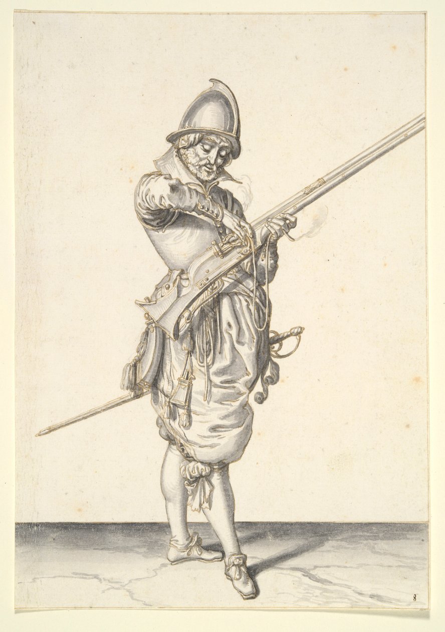 Soldado se preparando para disparar um calibrador de Jacques de Gheyn II