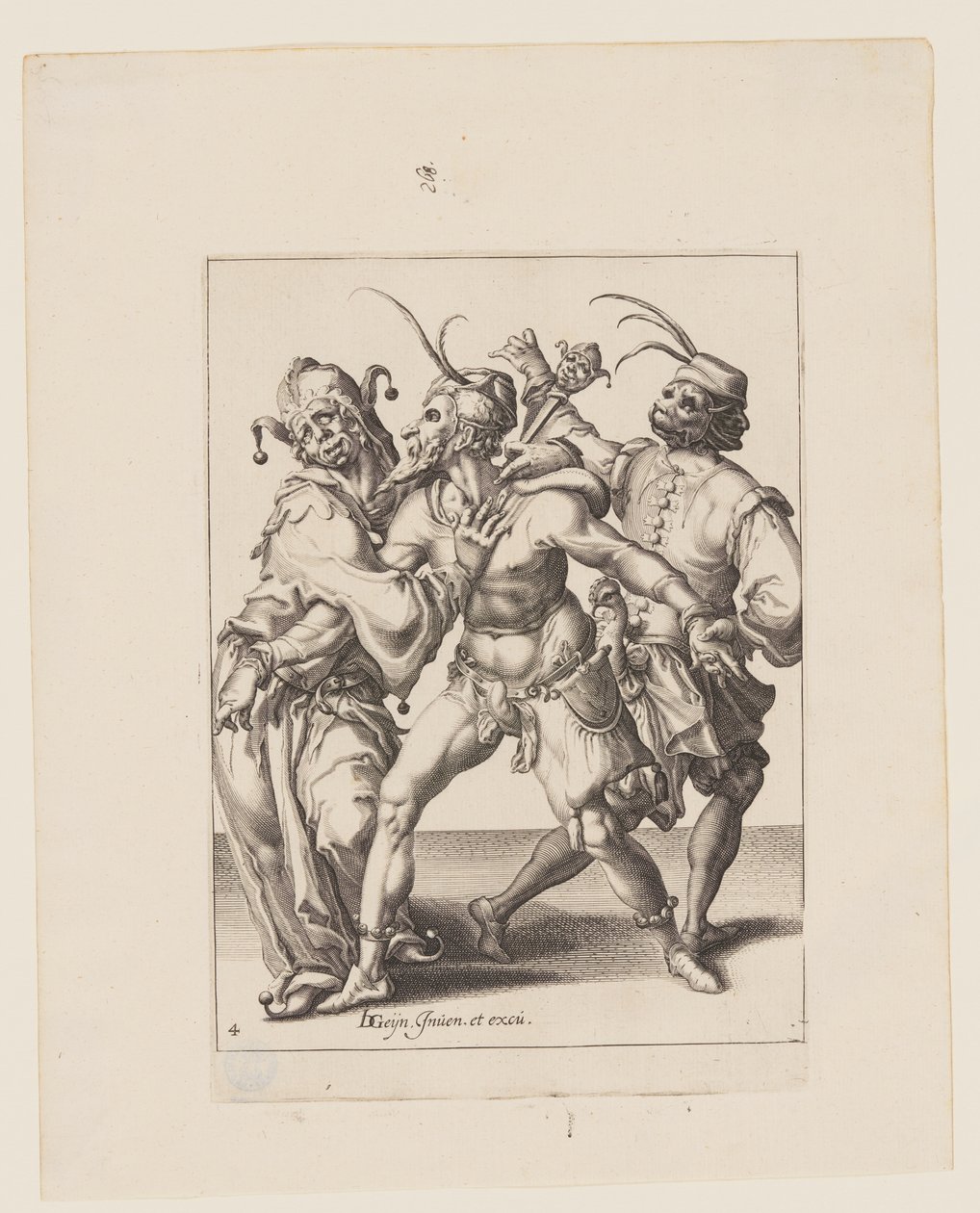 Três Mummers dançantes incluindo um Bobo da Corte, de The Masquerades de Jacques de Gheyn II