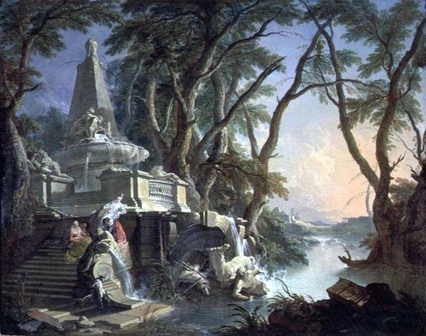 A Fonte Pirâmide com uma Estátua Quebrada de Netuno, ou Paisagem: O Rio (óleo sobre tela) de Jacques de Lajoüe
