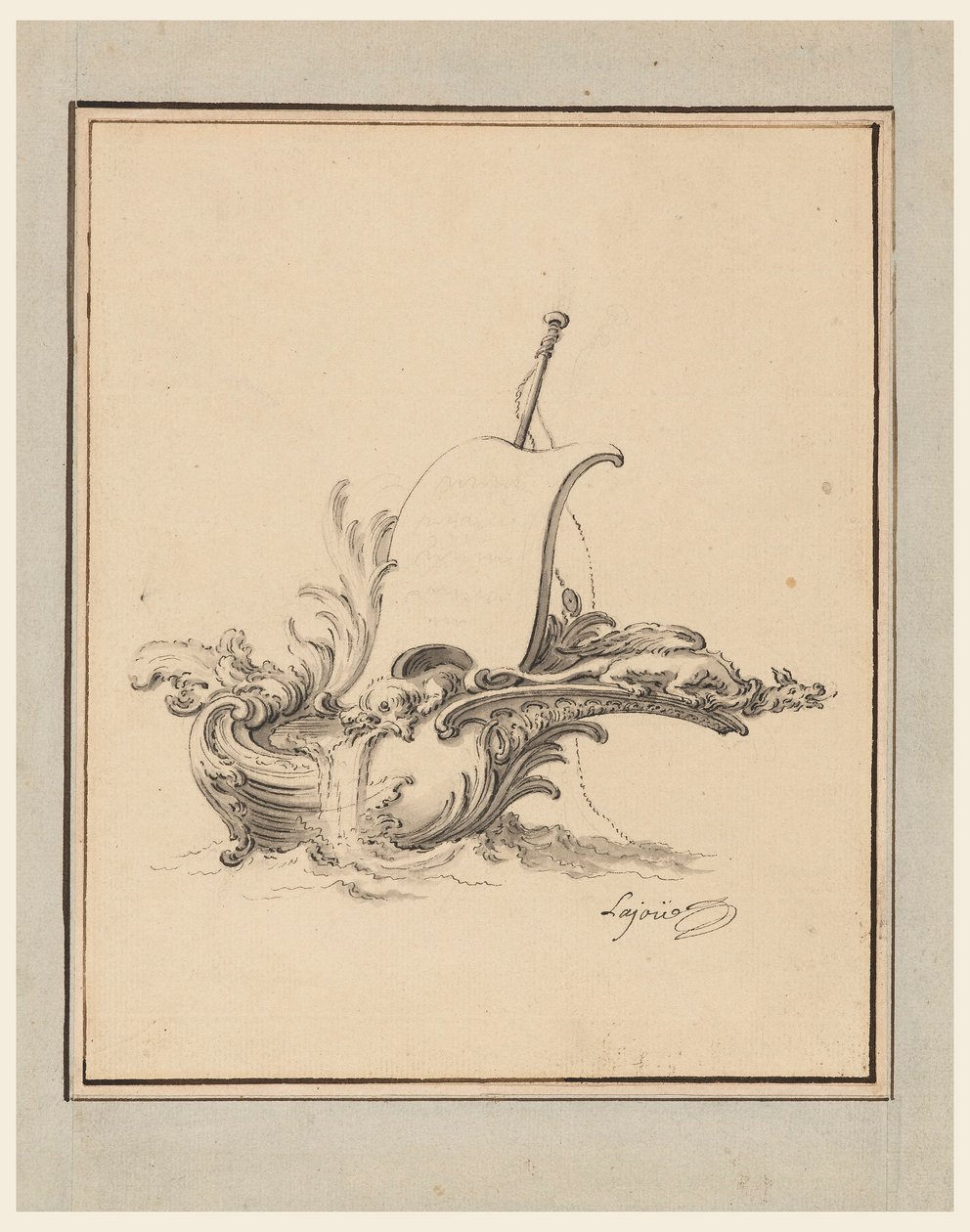 Desenho, Desenho de um escudo em forma de barco com vela, para o Recueil Nouveau de Differens Cartouches, 1734 de Jacques de Lajoüe