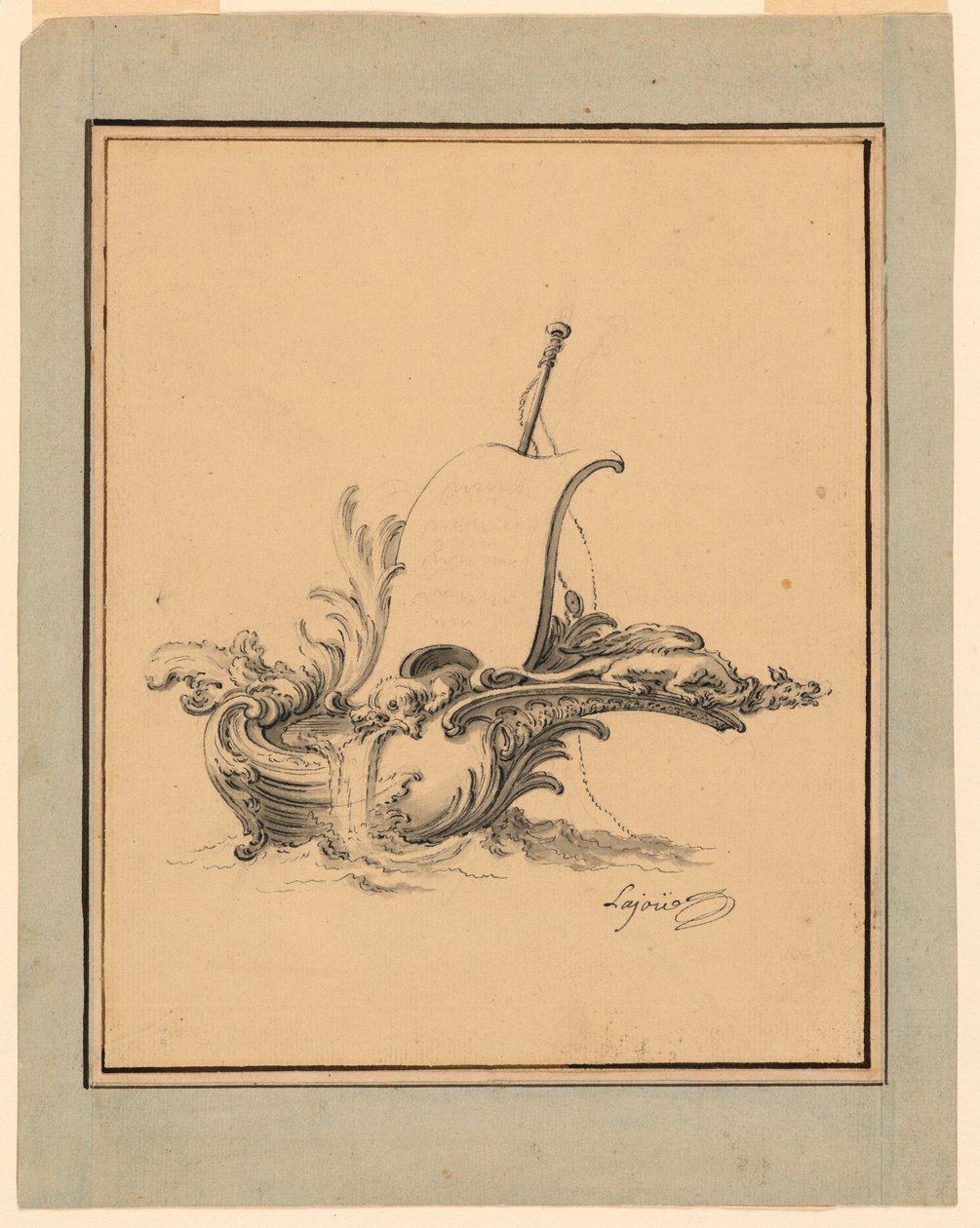 Desenho, Desenho de um escudo em forma de barco com vela, para o Recueil Nouveau de Differens Cartouches, 1734 de Jacques de Lajoüe