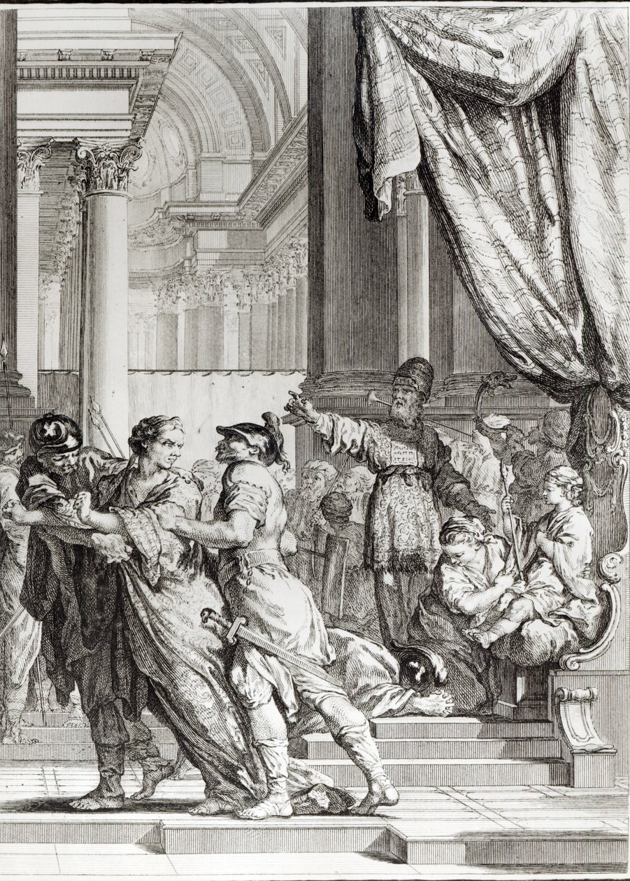 Jeoiada, sumo sacerdote de Jerusalém Proclamando o príncipe Joás como rei de Judá, cena de &39;Athalie&39; por Jean Racine (1639-99) gravada por Jean-Jacques Flipart (1719-82) de Jacques de Seve