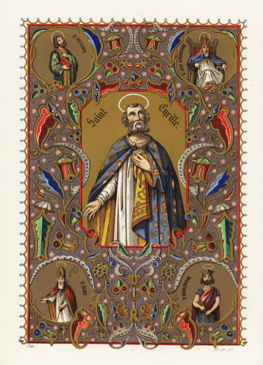 Retrato de Cirilo de Alexandria, Patriarca de Alexandria, com auréola e túnica, dentro da borda decorativa da folhagem de Jacquet Jacquet