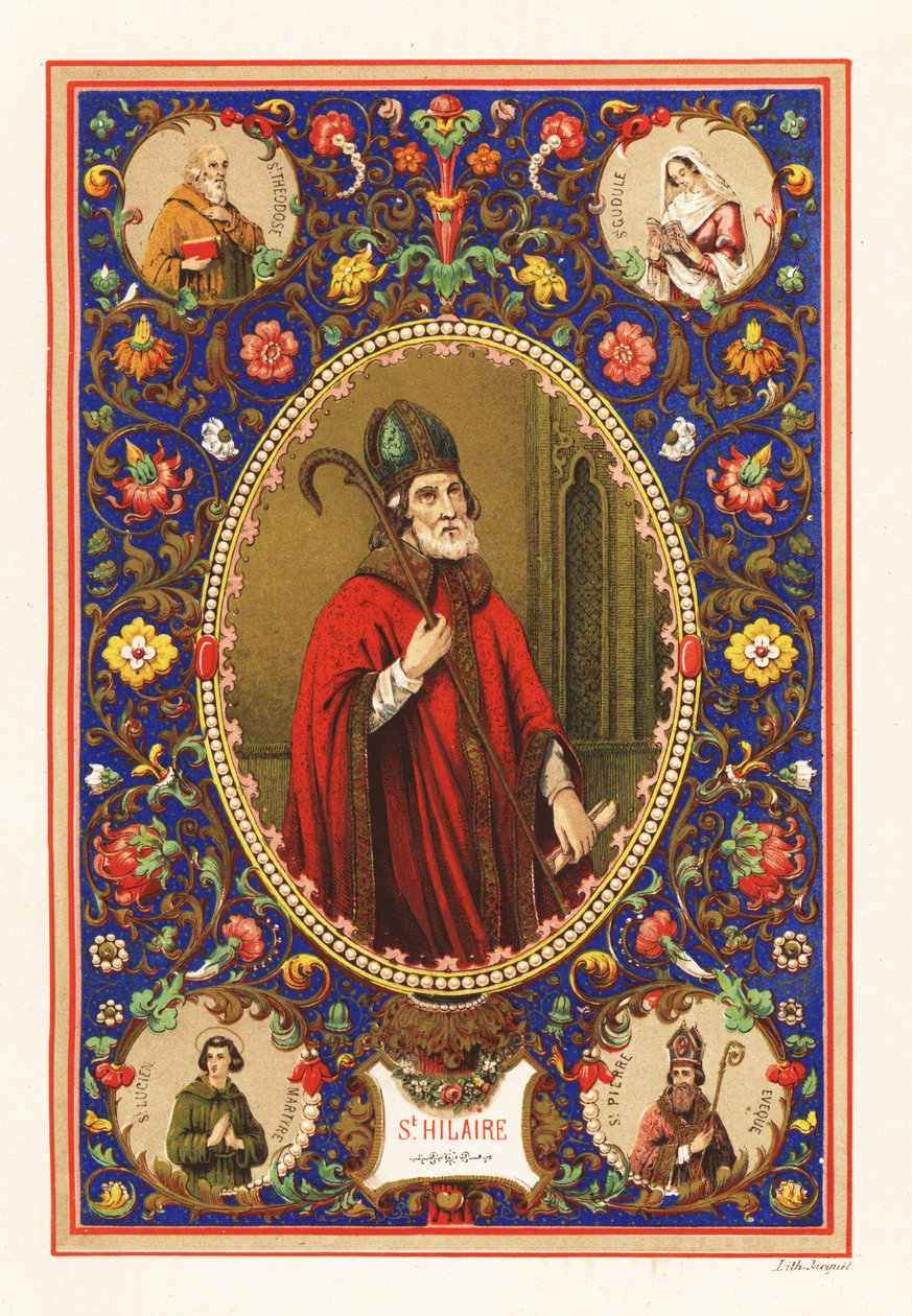 Retrato de Santo Hilário, Bispo de Poitiers, com mitra e patife, dentro de uma borda decorativa da folhagem de Jacquet Jacquet