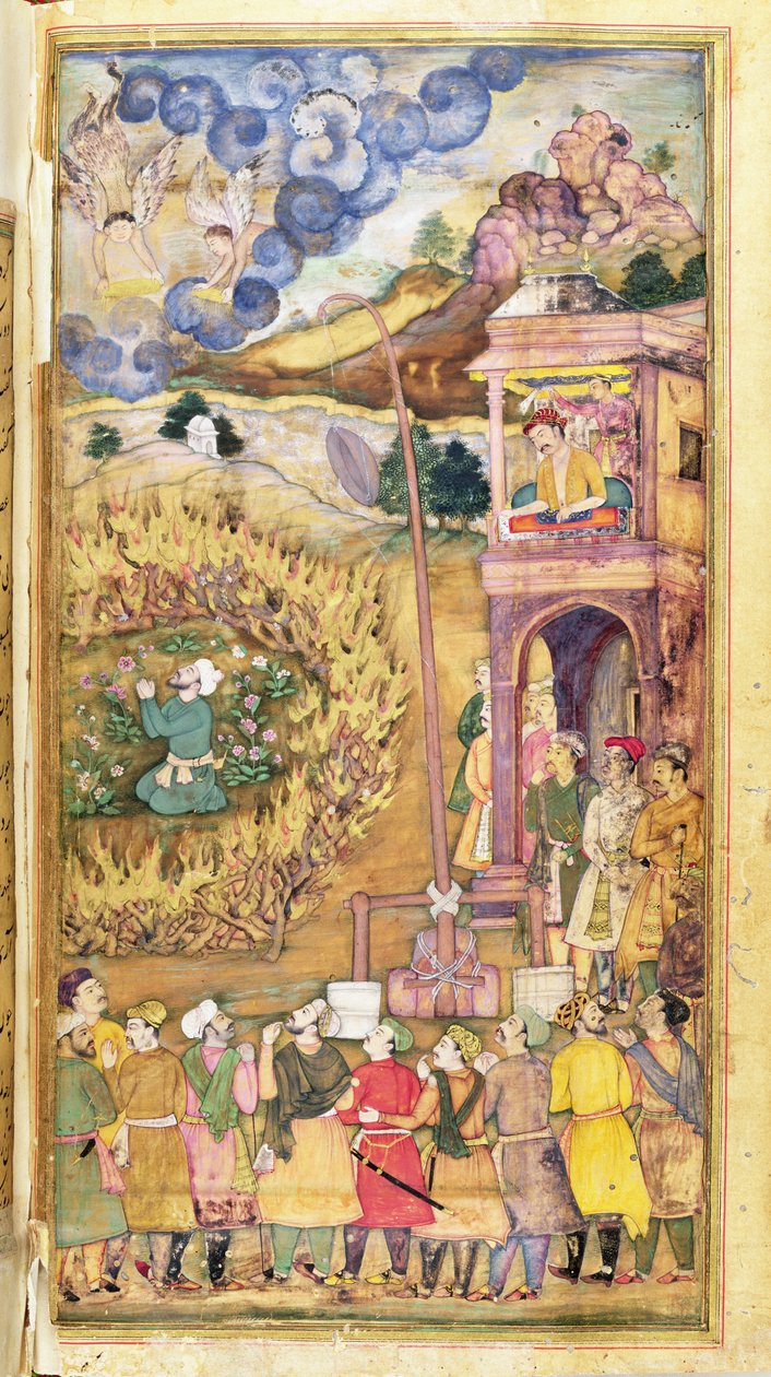 Ibrahim Khalil orando dentro de um círculo de toras em chamas, do Hadiqat Al-Haqiqat (O Jardim da Verdade), de Hakim Sana&39;i, Quinta Miniatura, fólio 208v, Mughal, 1599-1600 (caneta e tinta sobre papel) de Jaganath