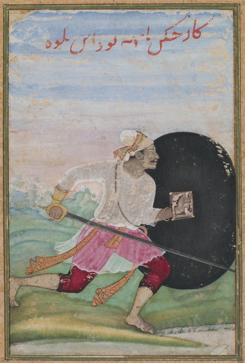 Espadachim Corrente, Dinastia Mughal, c.1600 (wc opaco, ouro e tinta sobre papel) de Jaganatha