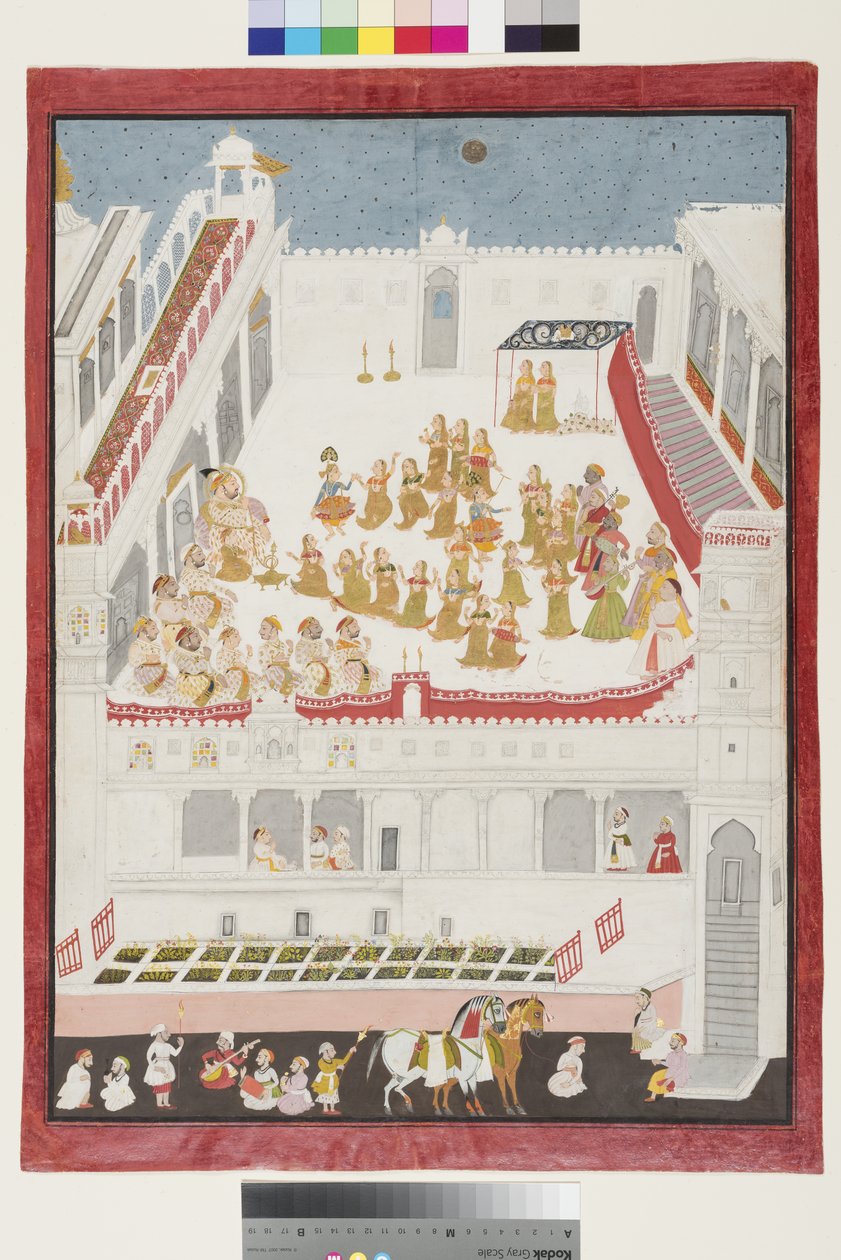 A história de Krishna promulgada antes de Maharana Jagat Singh II, 1736 (wc opaca e ouro sobre papel) de Jai Ram
