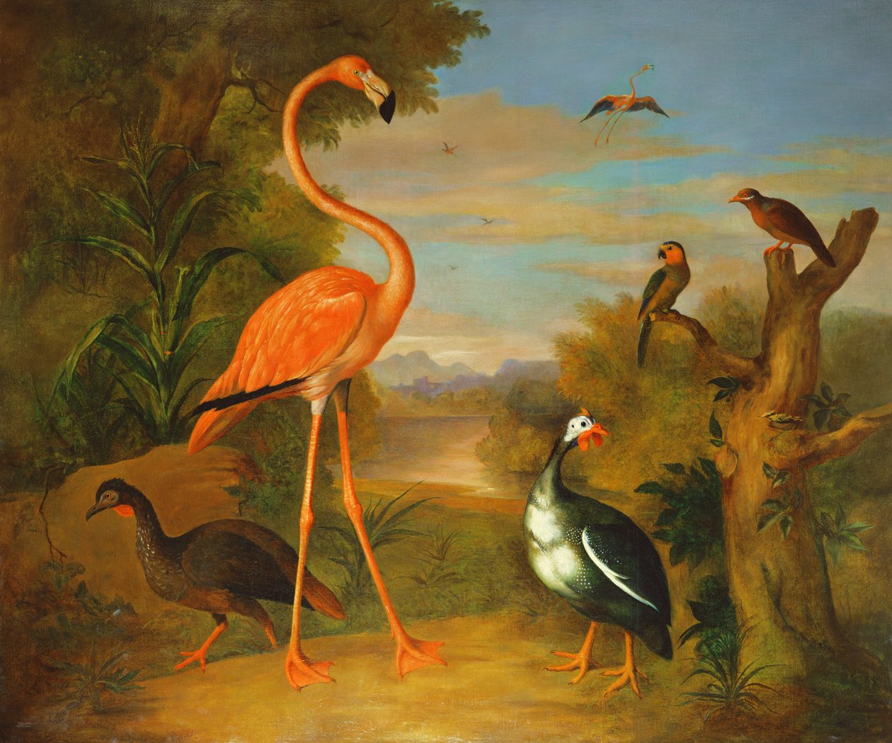 Flamingo e outras aves em uma paisagem de Jakob Bogdani or Bogdany