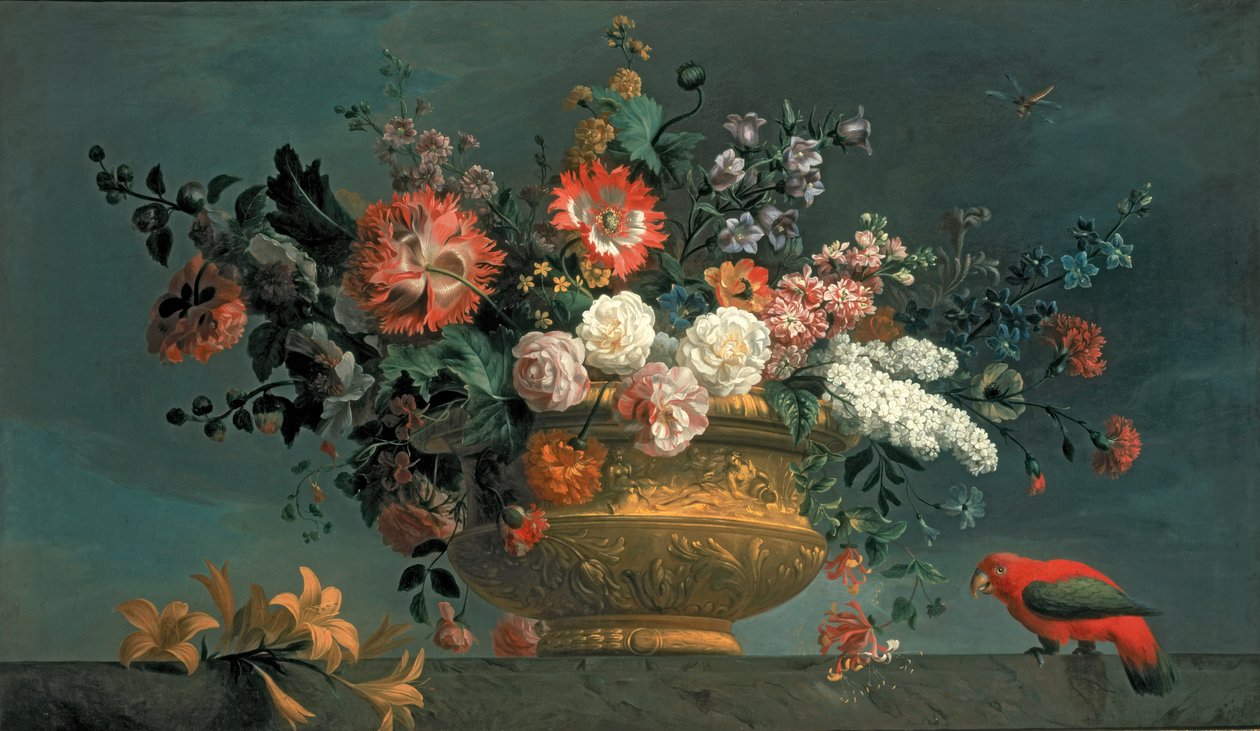 Pedaço de flor com papagaio de Jakob Bogdani or Bogdany