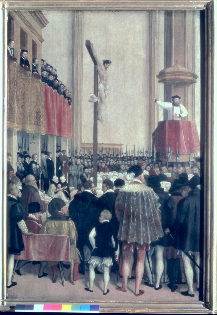 Sermão do Legado Pontifício, Cornelius Musso (1511-1574), na Augustinerkirche, Viena, em 1561 de Jakob Seisenegger