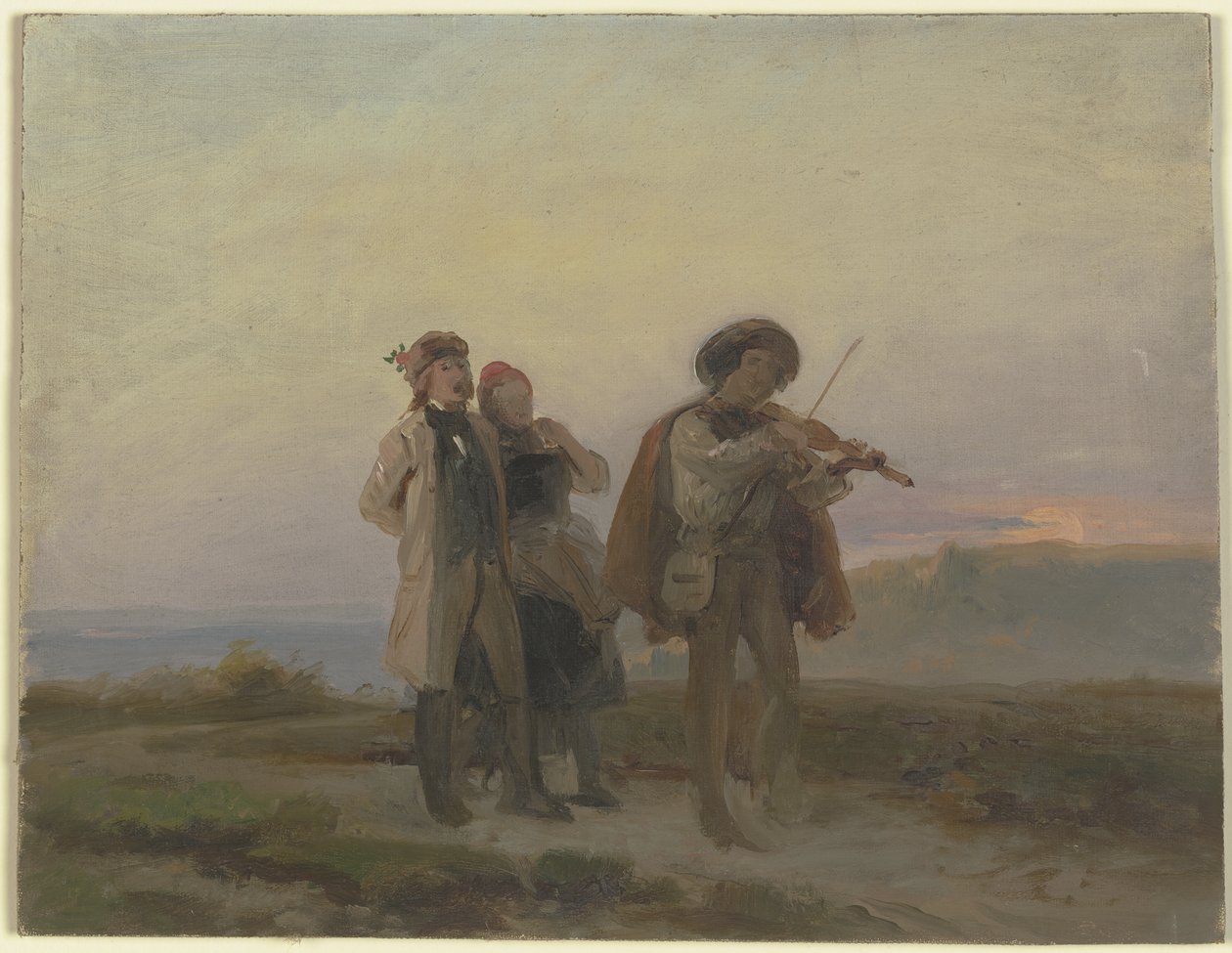 Passeio ao fim da tarde, um violinista e um casal de camponeses nos campos de Jakob Becker