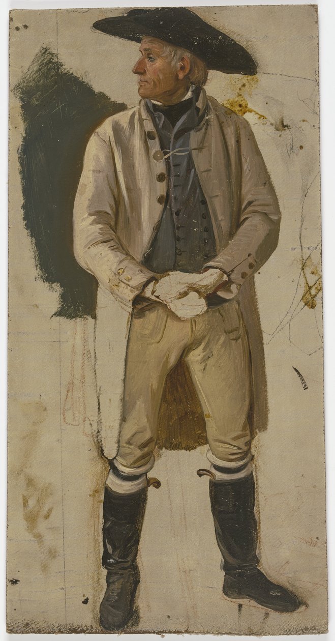 Camponês com chapéu grande, casaco branco e botas de cano dobrado de Jakob Becker