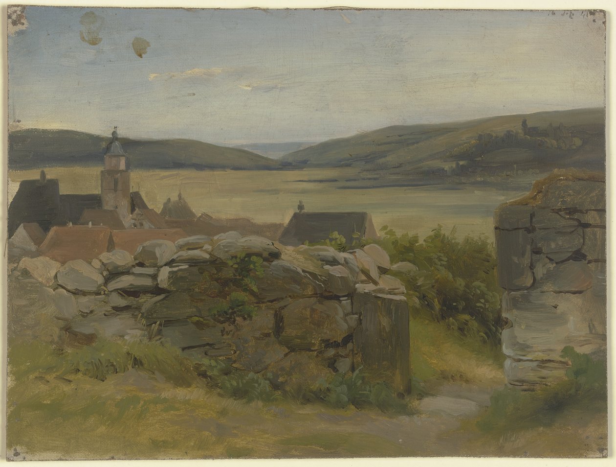 Pequena aldeia com vista para um prado de Jakob Becker
