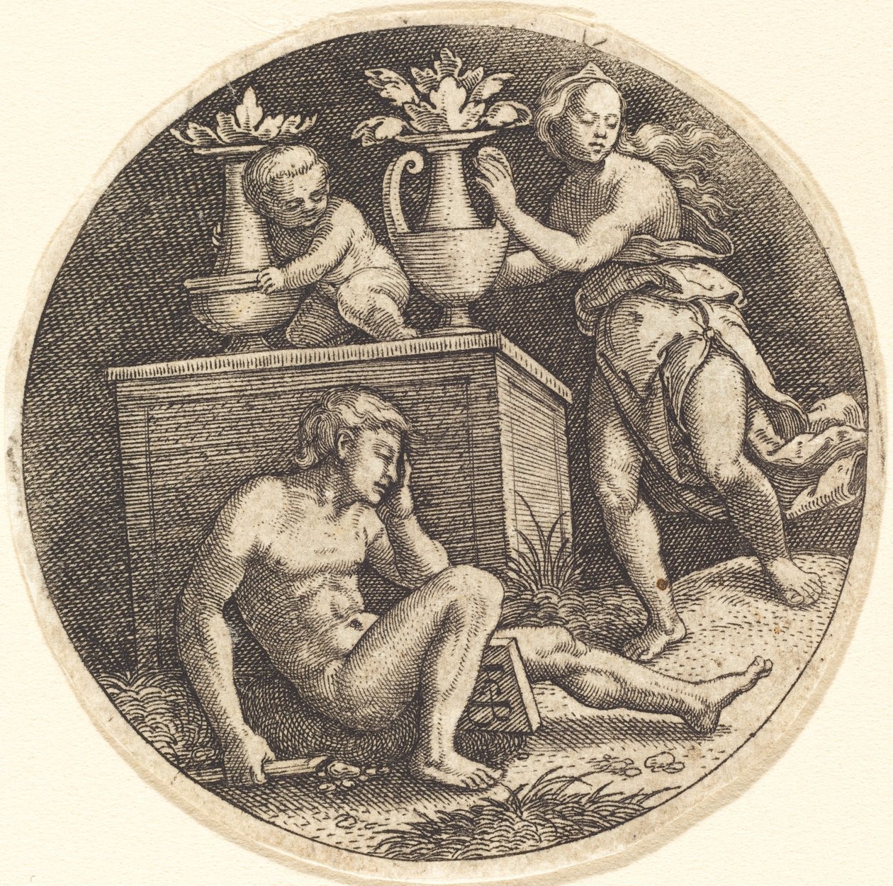 Jovens dormindo diante de um altar de Jakob Binck