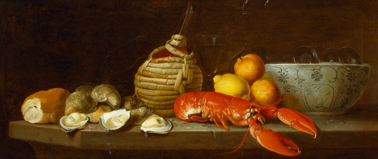 Pão, ostras, um frasco Chianti, uma lagosta, limões, laranjas e copos em uma tigela de porcelana em uma borda de Jakob Bogdani or Bogdany