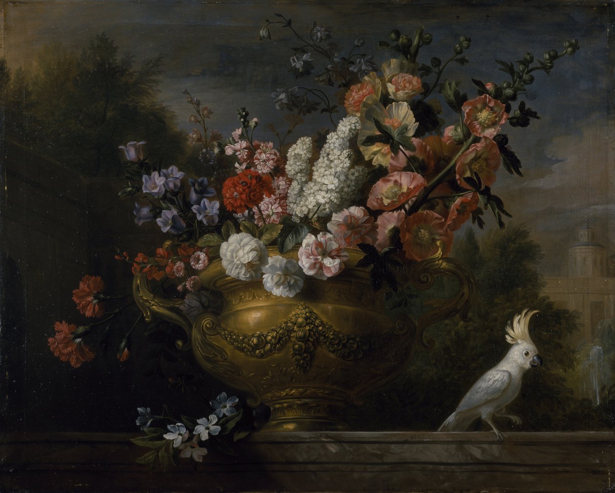 Natureza morta com flores numa urna, com uma catatua, num parapeito, c.1699 (óleo sobre tela) de Jakob Bogdani or Bogdany