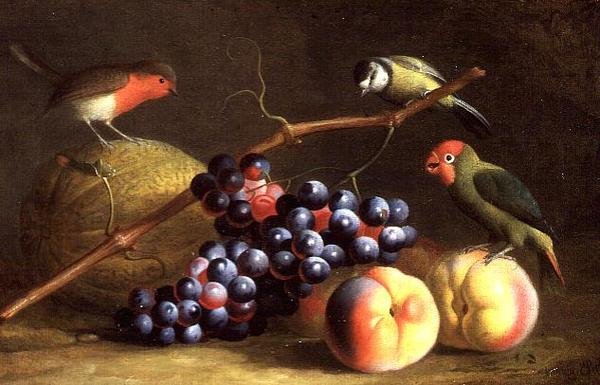 Três Pássaros com Pêssegos, Uvas e um Melão de Jakob Bogdani or Bogdany