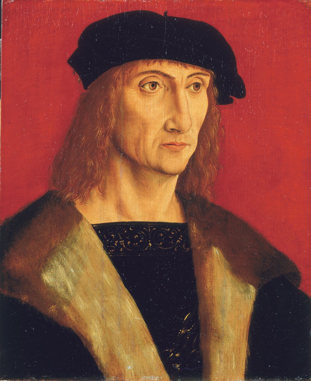Retrato de um homem vestindo um casaco forrado de pele, corrente de ouro e uma boina preta, antes de um fundo vermelho de Jakob Elsner