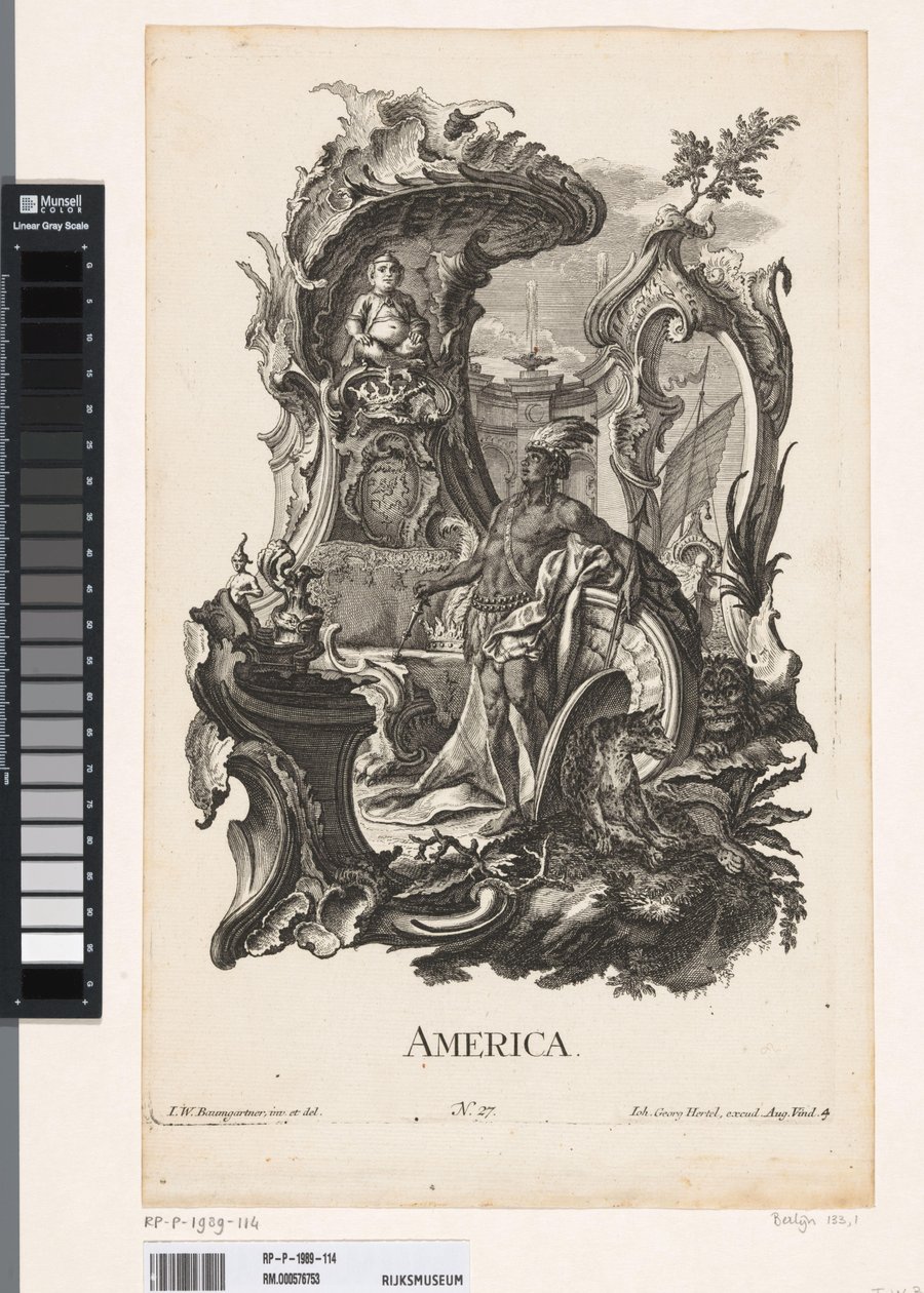 Rocaille com a personificação do continente da América
América (título sobre o objecto)
Os quatro continentes (título da série) de Jakob Gottlieb Thelott