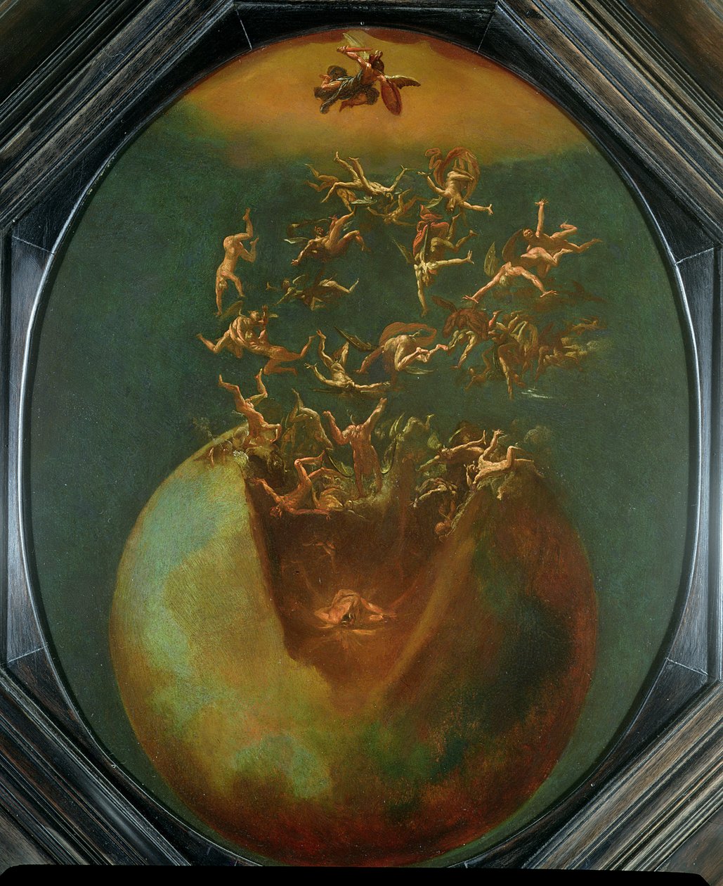 Queda de Satanás e os Anjos Rebeldes do Céu (óleo em cobre prateado) de Jakob Isaaksz Swanenburgh