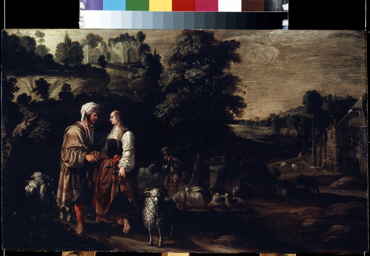 Jacob encontra Rachel no poço (Jacob encontra Rachel no poço). Pintura de Jacobus (Jacques) Wabbe ou Waben (ativo entre 1602-1634). Óleo sobre madeira, 38 x 62,5 cm de Jakob Wabbe
