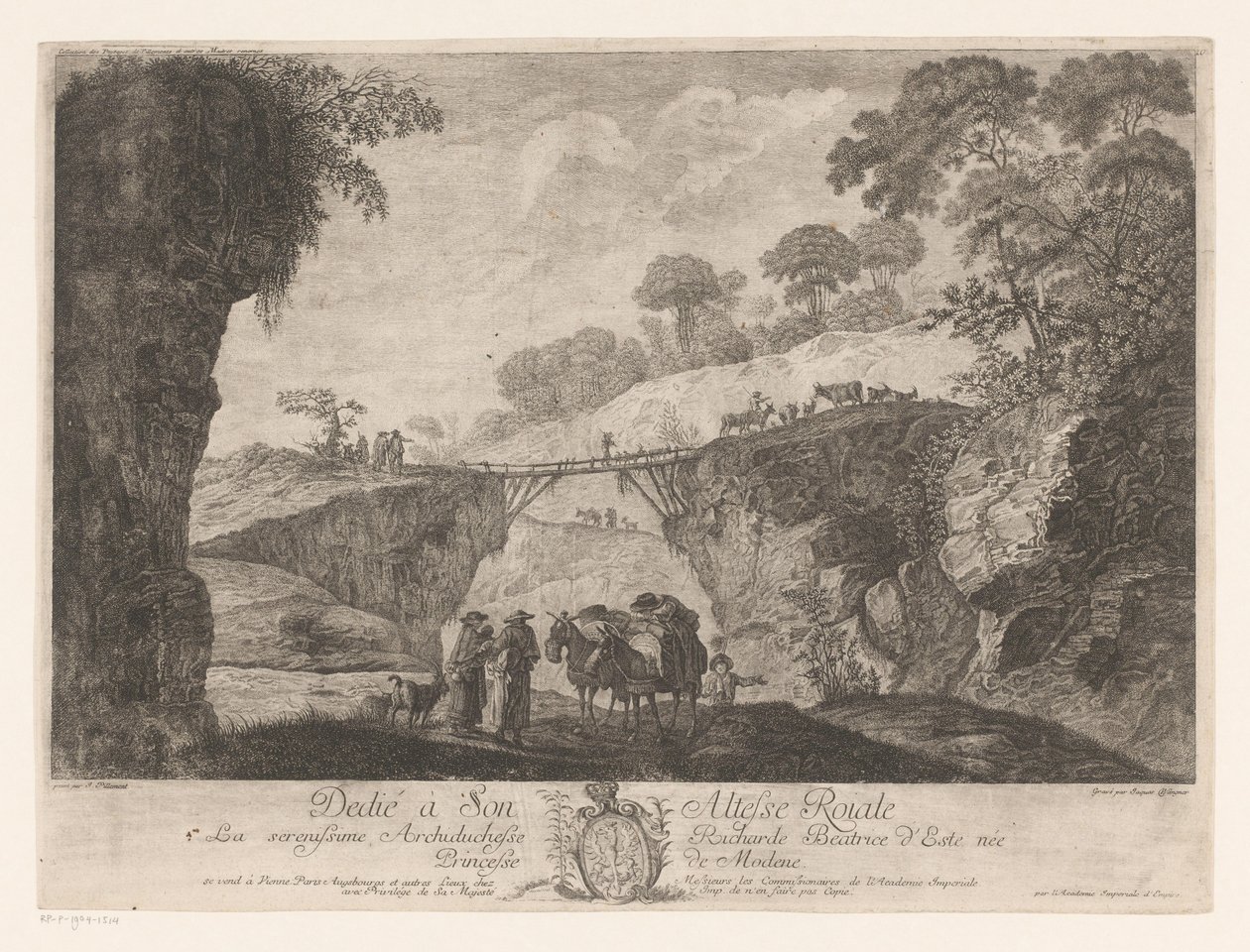 Paisagem montanhosa com uma ponte de madeira entre duas rochas de Jakob Wangner