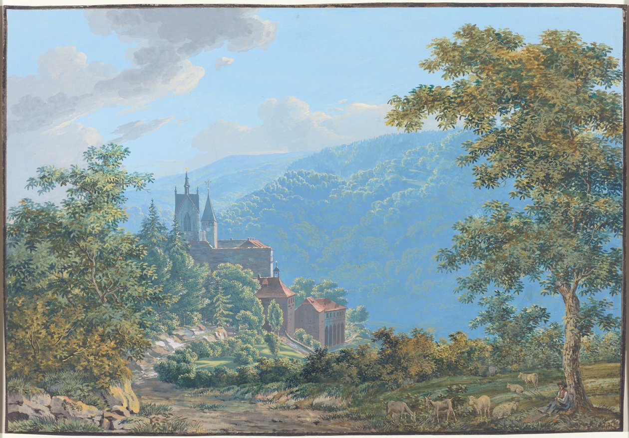 Uma fortaleza em uma paisagem montanhosa ao nascer do sol de Jakob Wilhelm Huber
