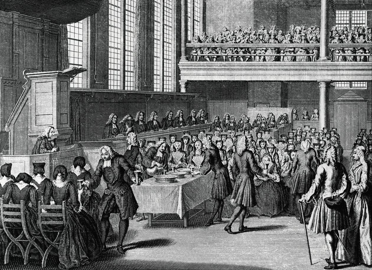Jantar dos anabaptistas, gravura de Jacobus van der Schley (1715-1779) de Cerimónias Religiosas e Costumes de Todos os Povos do Mundo de Jakob van der Schley