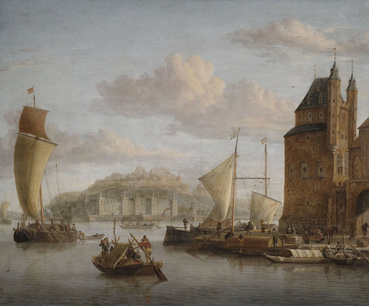 Porto do norte em um castelo com numerosos barcos e comerciantes. de Jakobus storck
