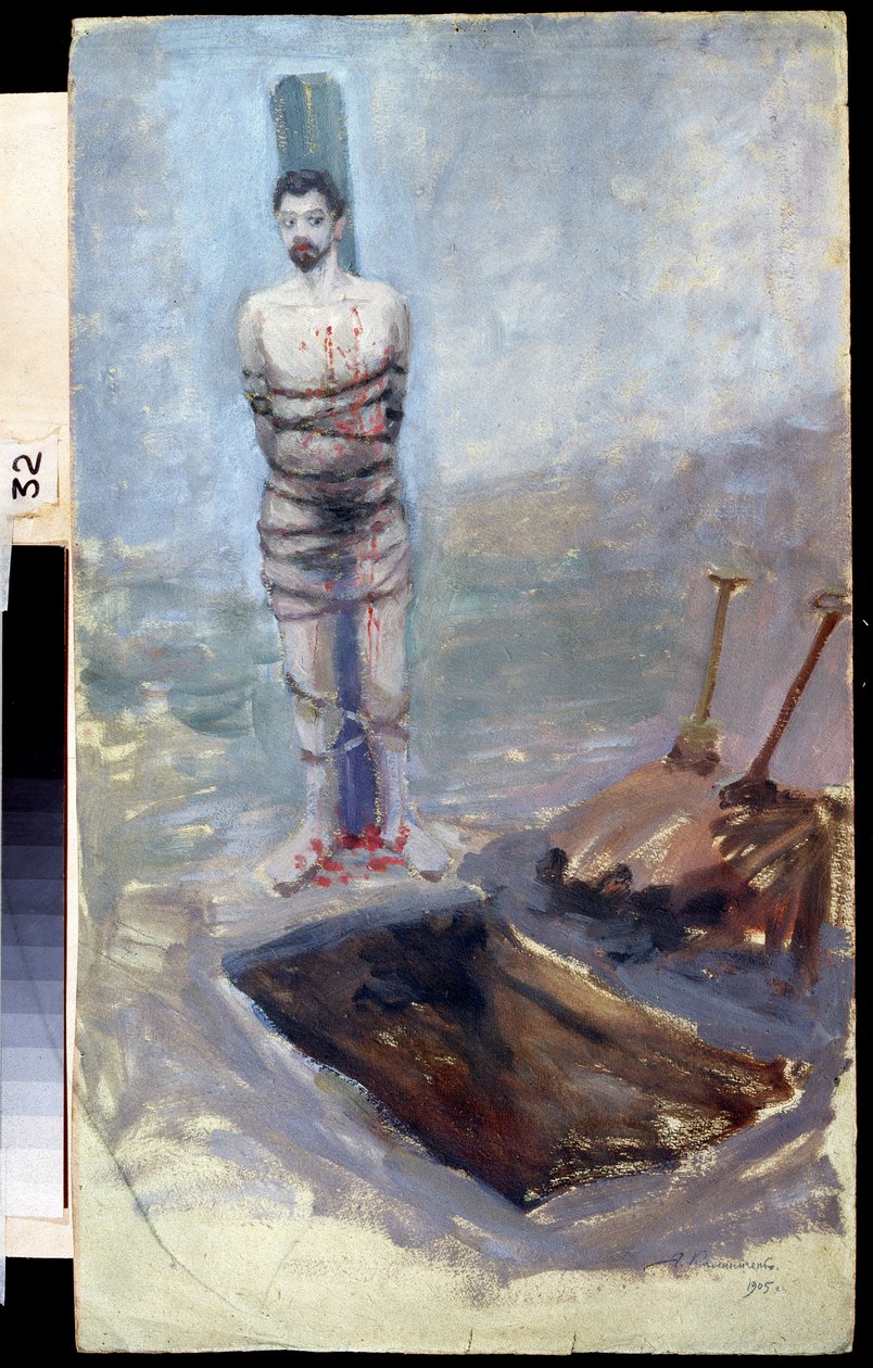 Revolução Russa de 1905: "A Execução" Um homem condenado amarrado a um posto perto da sua sepultura escavada. Pintura de Jakov Kalinichenko (1869-1938) 1905 Estado Regional I. Museu de Arte de Pozhalostin, Ryasan de Jakoff Jakovlevitch Kalinitchenko