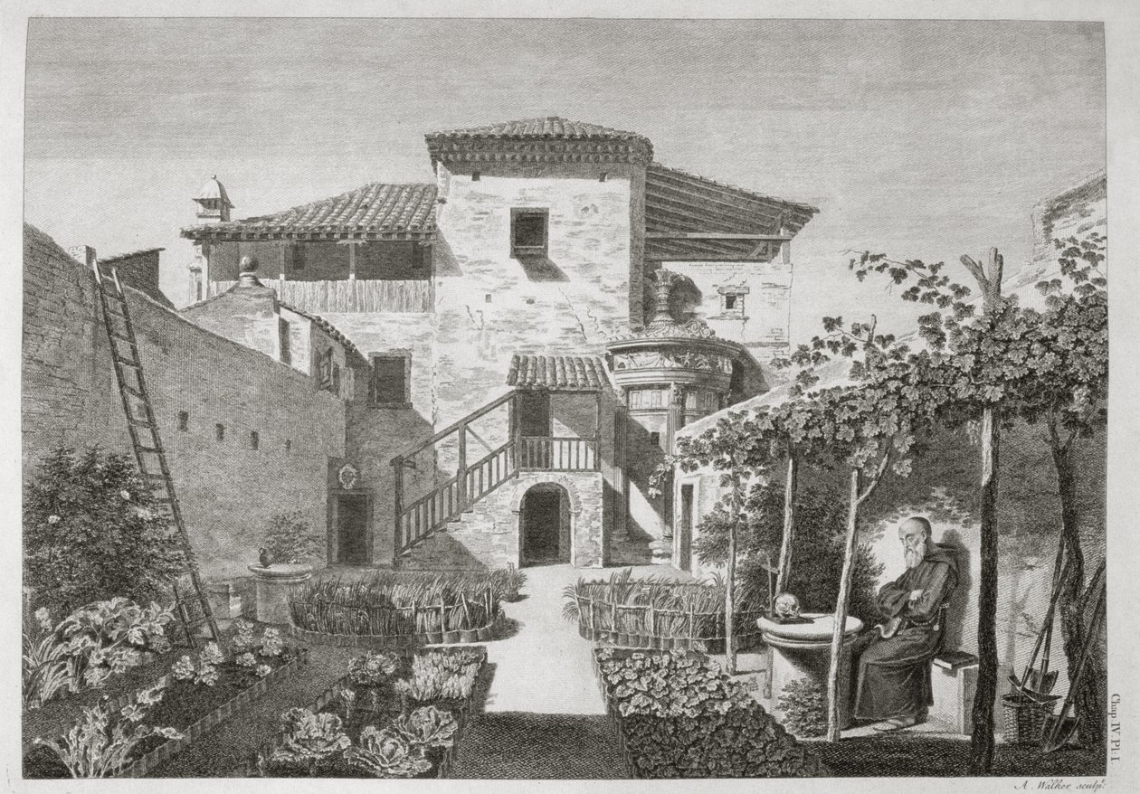 O monumento de Lisicratos no jardim do mosteiro dos Capuchinhos, Atenas, de "As Antiguidades de Atenas", gravado por Anthony Walker (1726-65), publicado em 1762-1830 de after James Stuart and Nicholas Revett