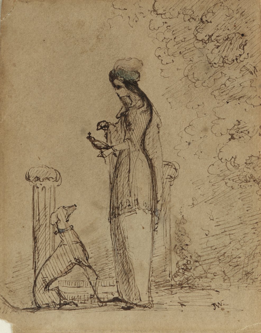 Uma mulher com um cão e um pássaro, c.1850-51 (caneta e tinta sobre papel castanho claro) de James Abbott McNeill Whistler