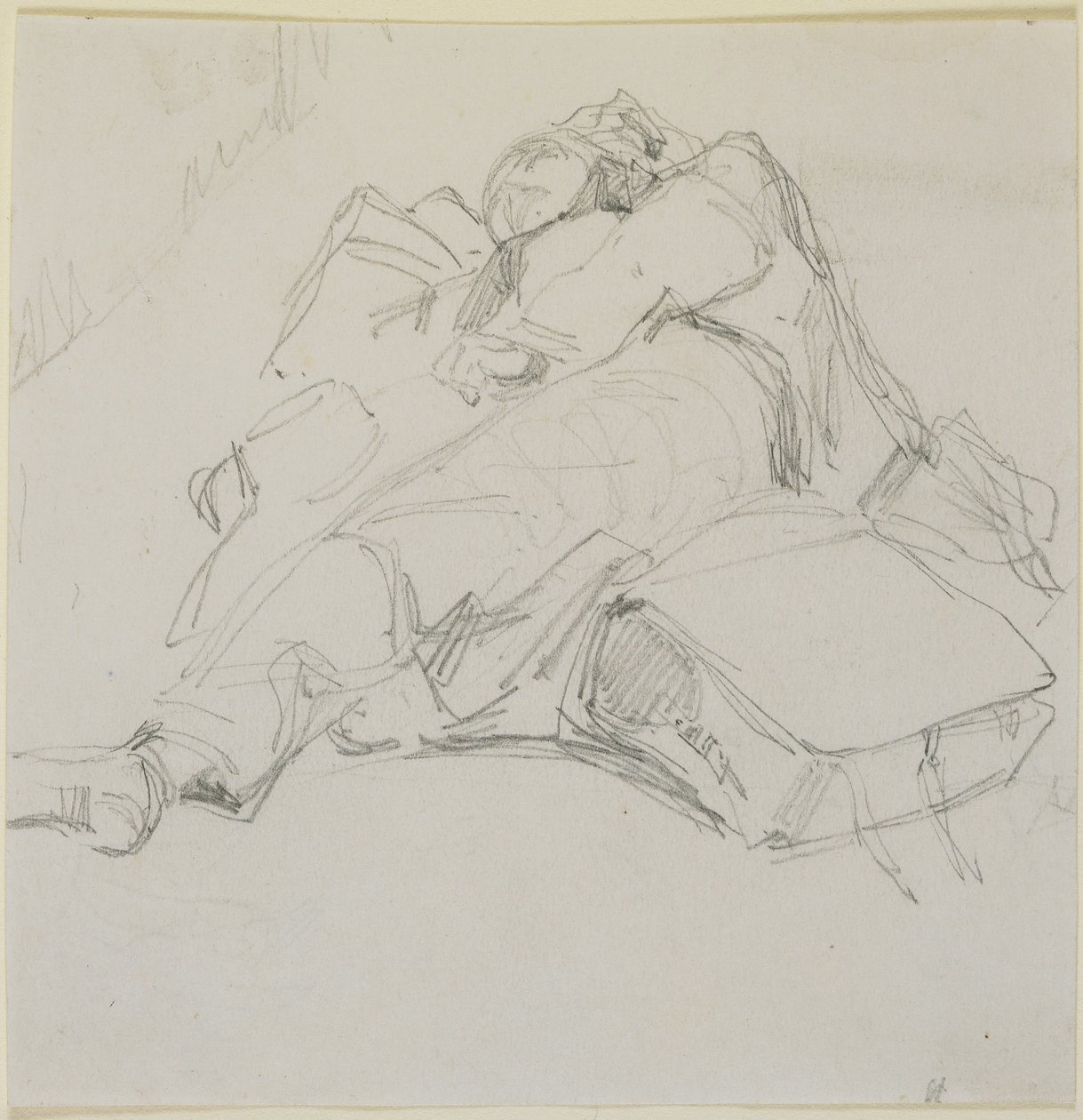 Um, homem, adormecido, ligado, um, pilha, de, bagagem, 1858, (pencil, off-white, wove, paper) de James Abbott McNeill Whistler