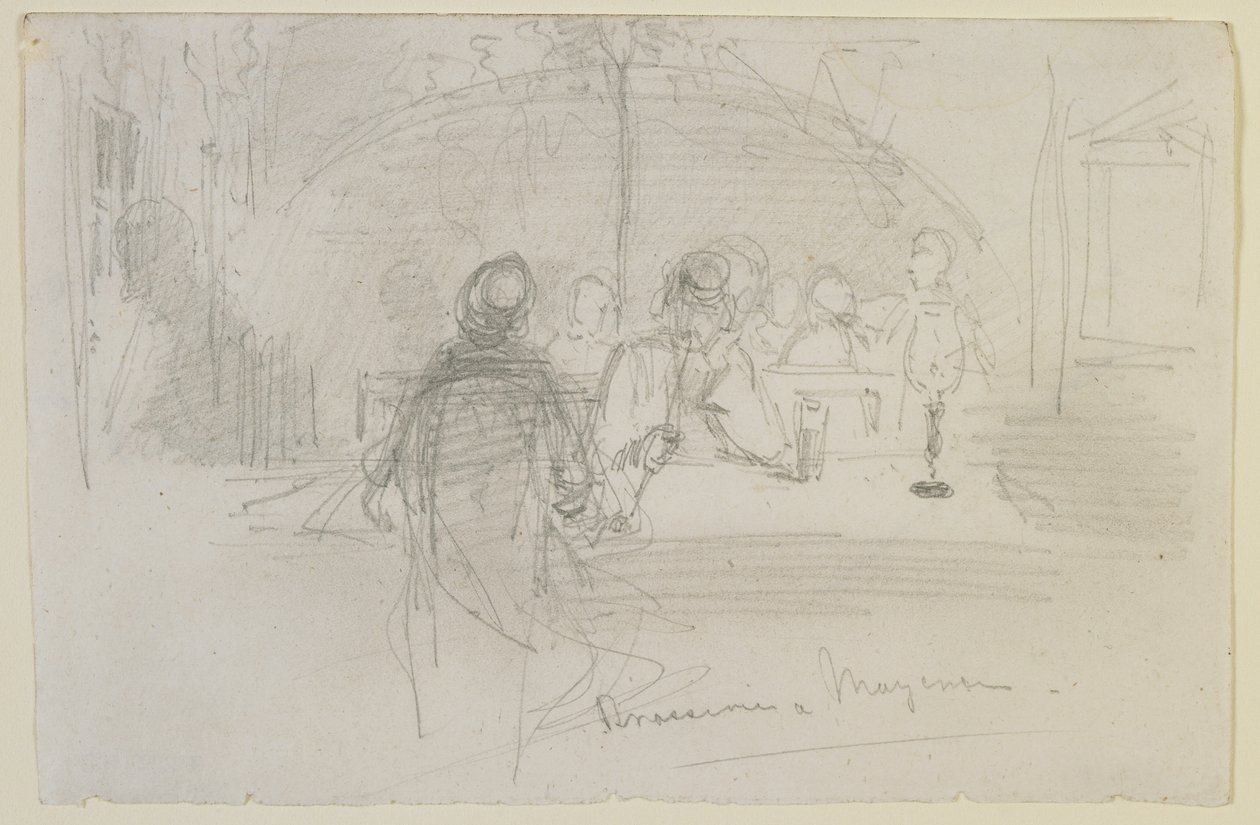Brasserie em Mayence, 1858 (lápis em papel branco) de James Abbott McNeill Whistler
