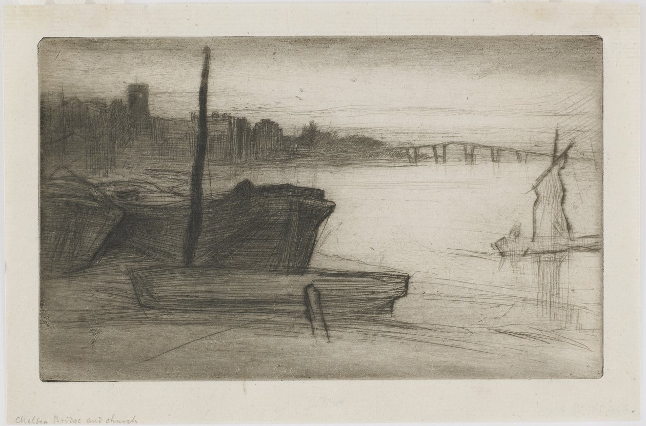 Chelsea Bridge and Church, c.1870-71 (ponto de seca no papel) de James Abbott McNeill Whistler