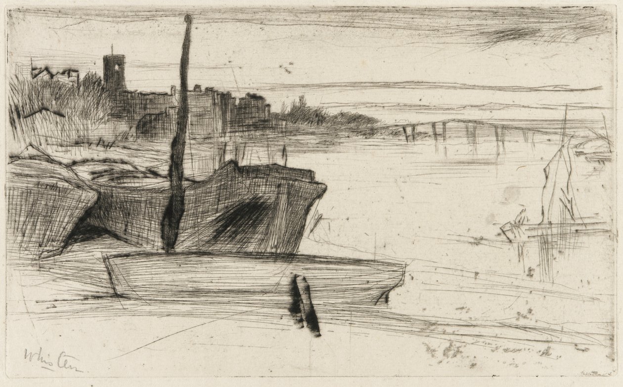 Chelsea Bridge and Church, c.1870-71 (ponto de seca no papel) de James Abbott McNeill Whistler