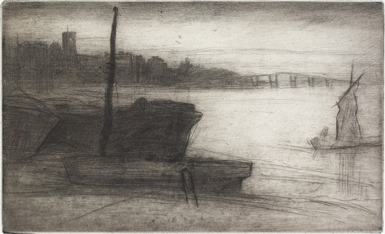 Chelsea Bridge e Igreja de dezesseis gravuras de cenas sobre o Tamisa e outros assuntos, 1870-1871 de James Abbott McNeill Whistler