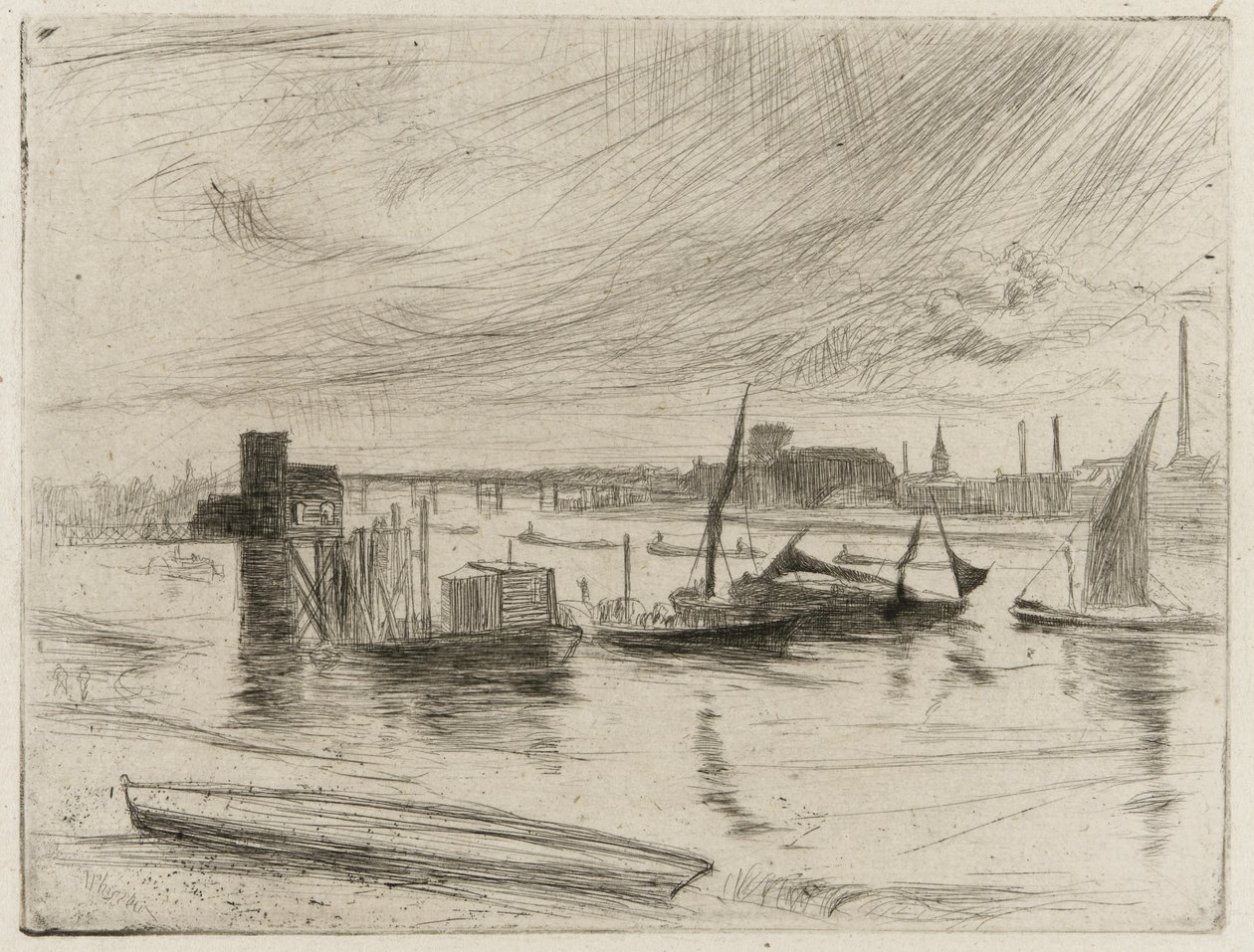 De manhã cedo, Battersea, 1861 (ponto de seca no papel) de James Abbott McNeill Whistler