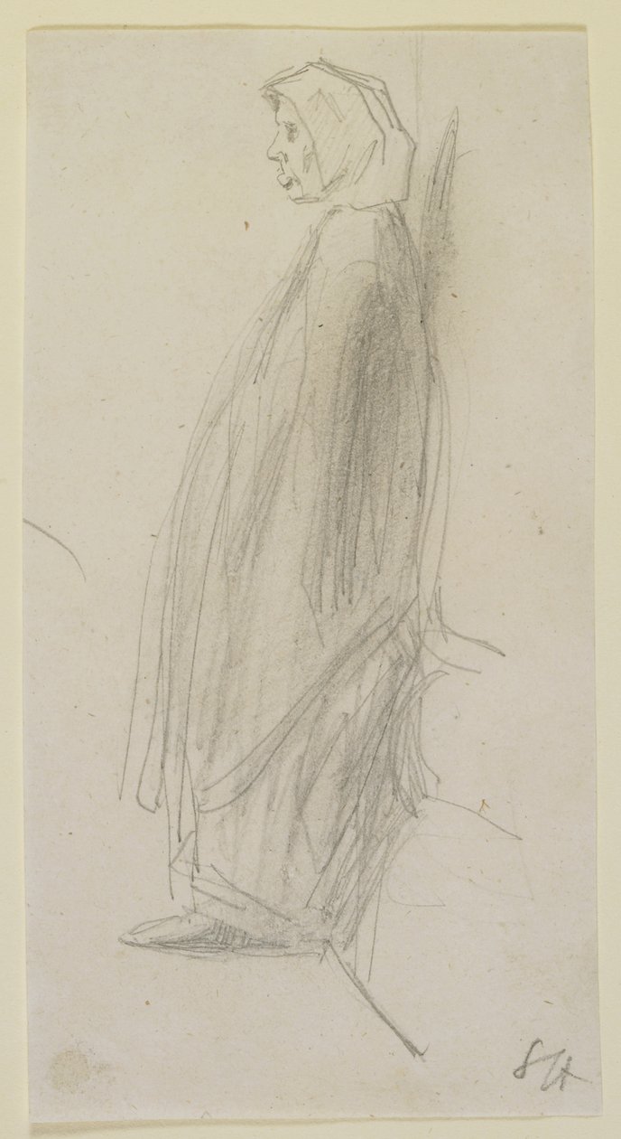 Perfil, esboço, de, um, mulher velha, ficar, 1858, (pencil, ligado, papel branco) de James Abbott McNeill Whistler