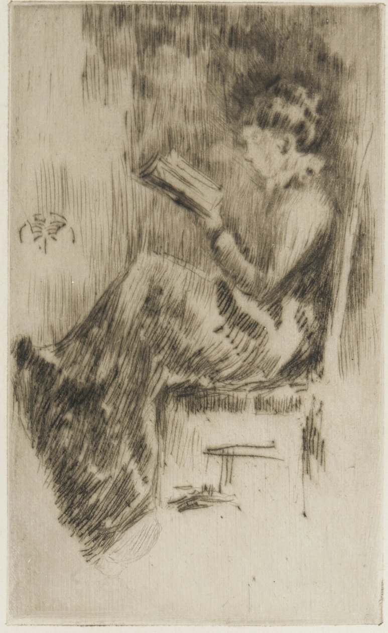 Lendo um livro (possivelmente Lizzie Dawson) c.1873 (ponto de seca no papel) de James Abbott McNeill Whistler